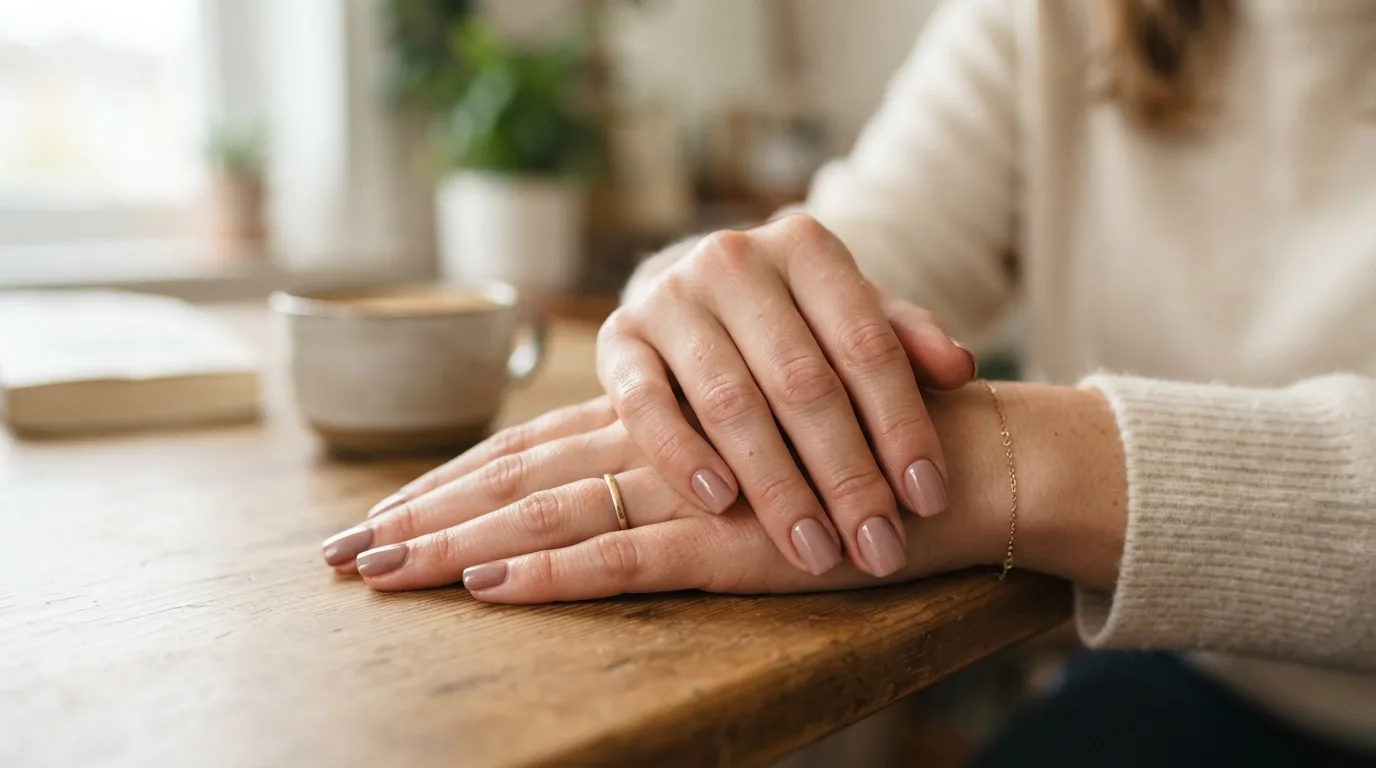 a woman's hands with square-shaped painted nails
