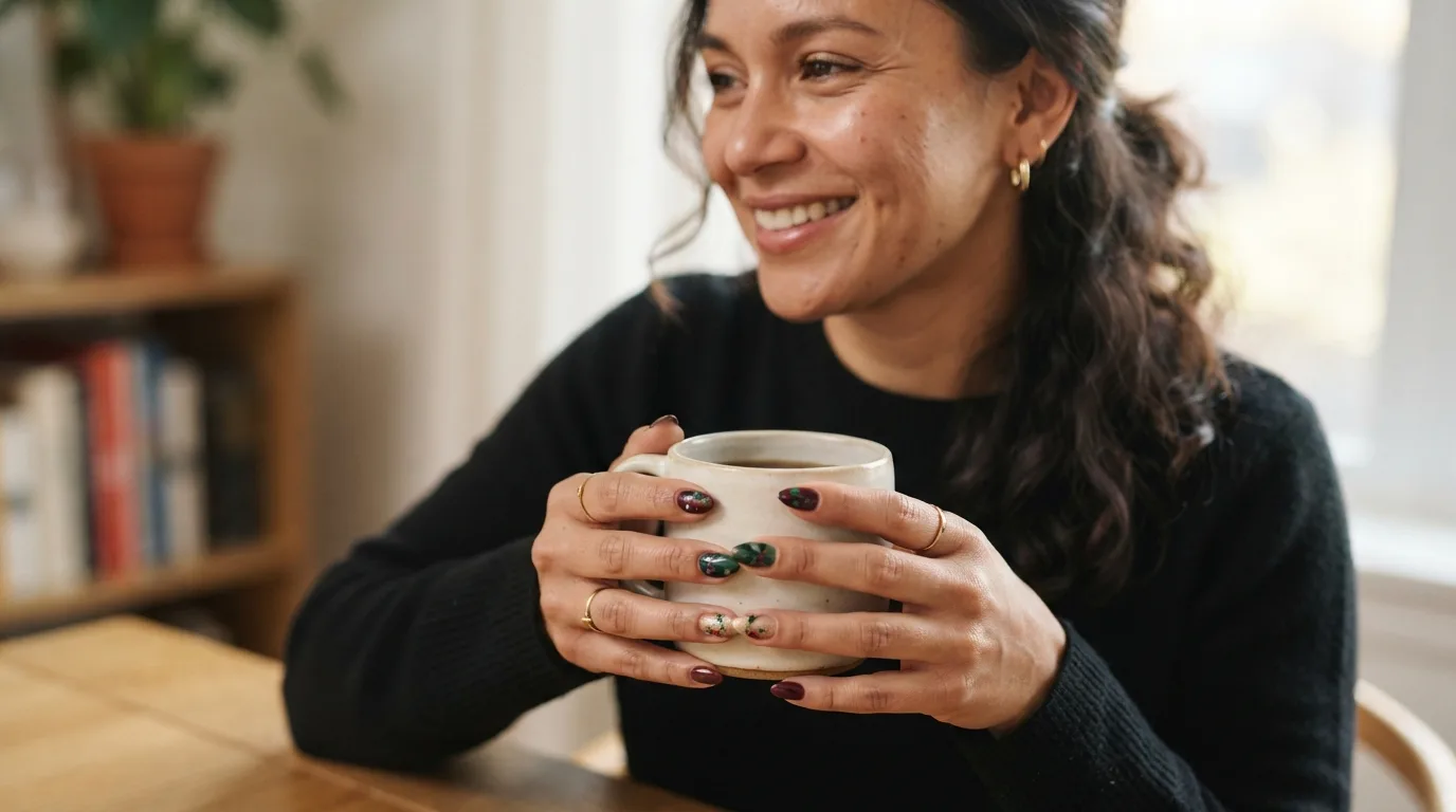 a woman with festive nail art
