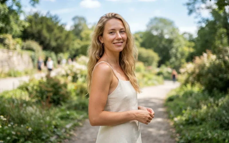 a woman with long blonde hair posing outdoors in summer