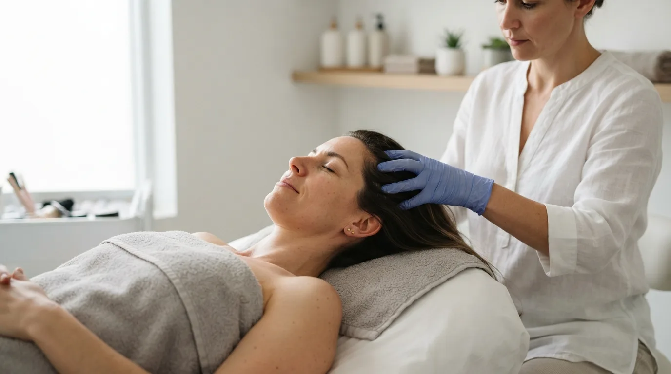 a person receiving a facial or scalp treatment in a clinic