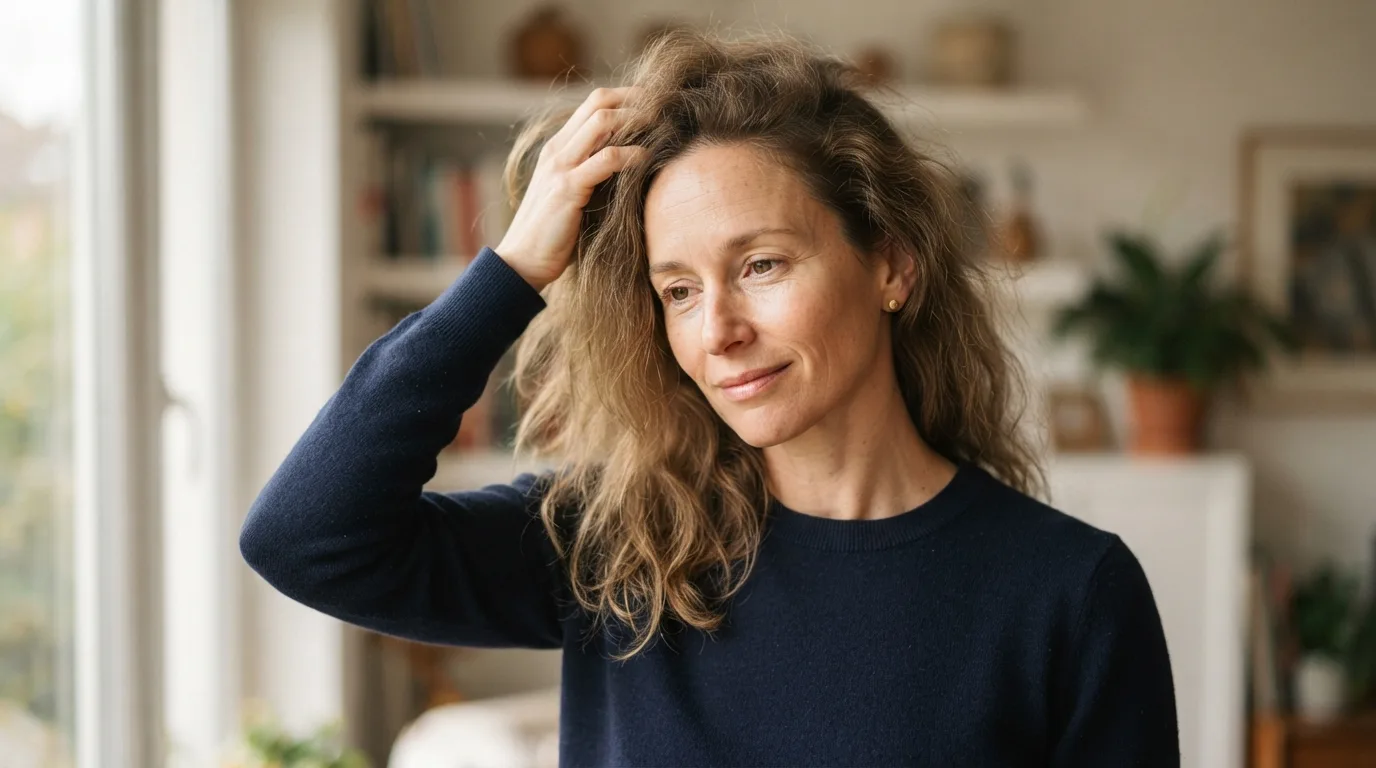 a woman touching her dry hair