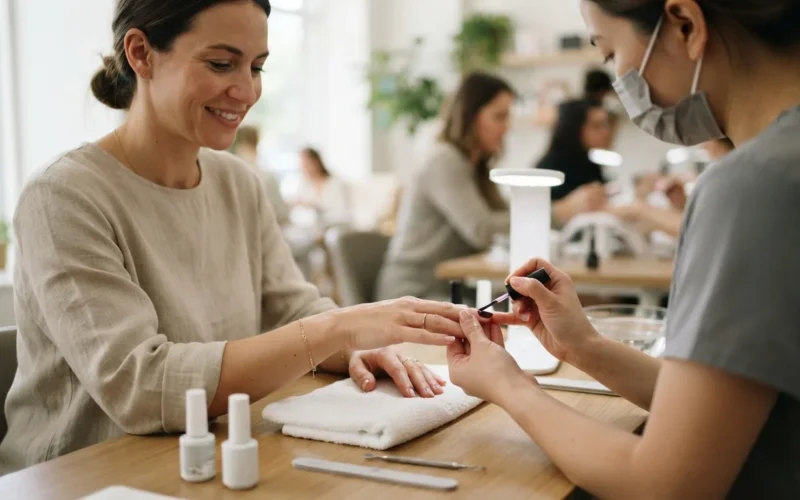 a woman having her nails done with gel polish