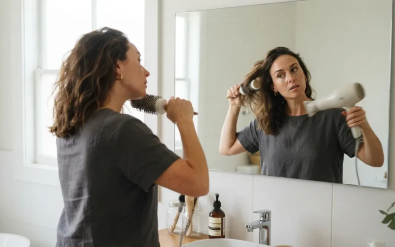 a woman styling her hair in front of a mirror