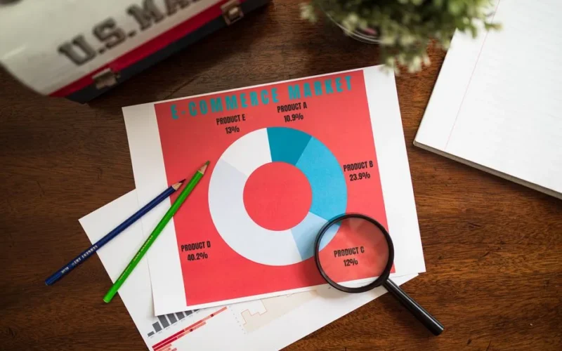 Top view of e-commerce data charts with a magnifying glass on a wooden table.