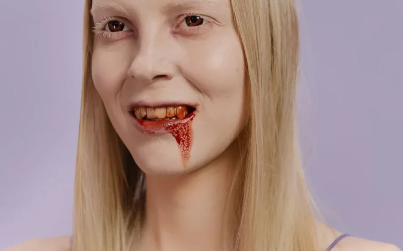 Close-up of woman with red eyes and fake blood for a dramatic makeup effect.
