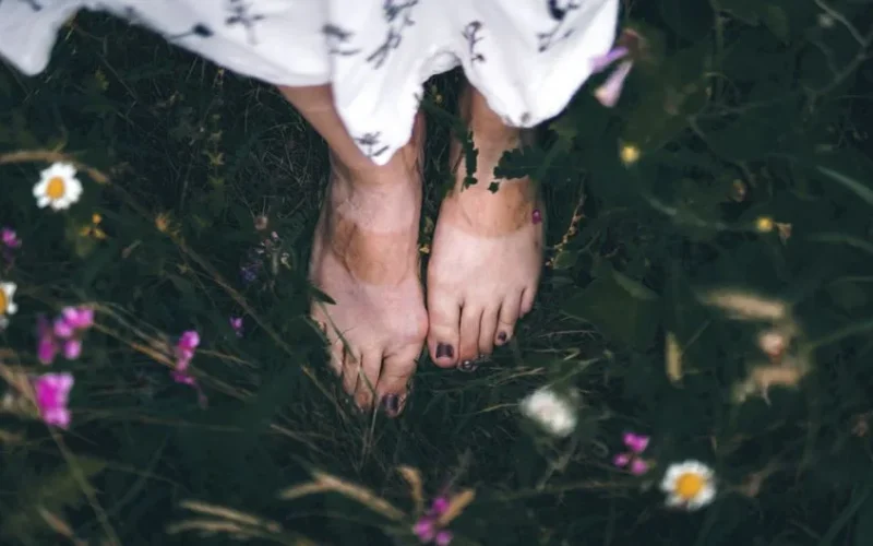 Feet in a summer garden surrounded by colorful wildflowers and lush greenery.