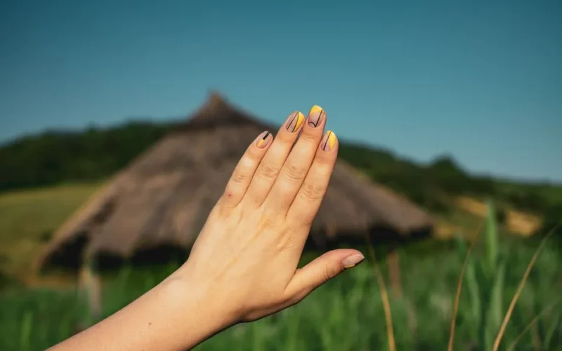 A close-up of a hand showcasing stylish nail art set against a rustic countryside background.