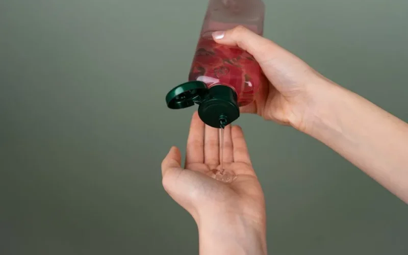 Close-up of hands dispensing liquid gel from a bottle with green cap.