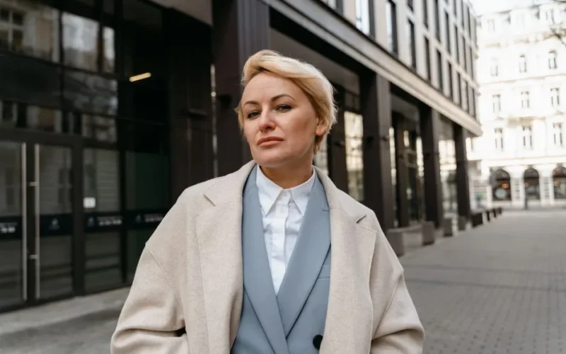 Blonde woman with short hair, wearing a beige coat, stands confidently in a modern urban setting.