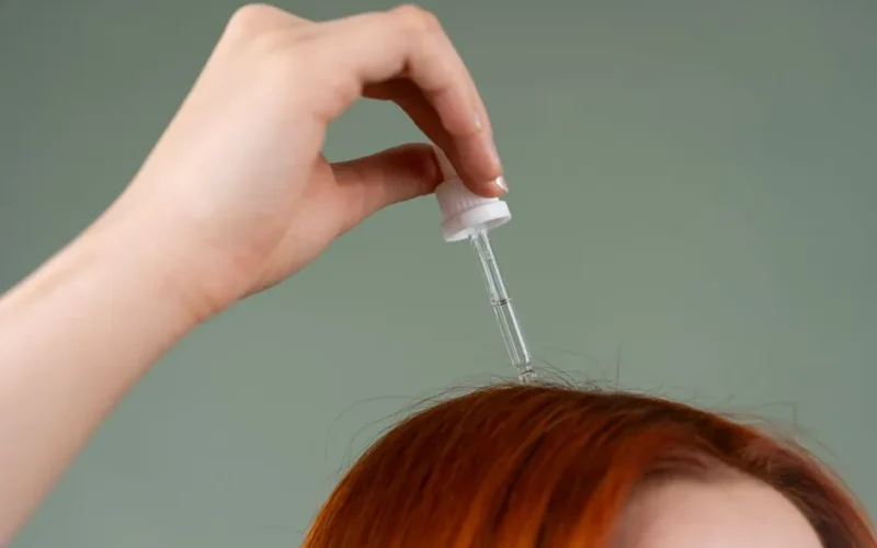 Close-up of hand applying hair serum on red hair with a dropper.